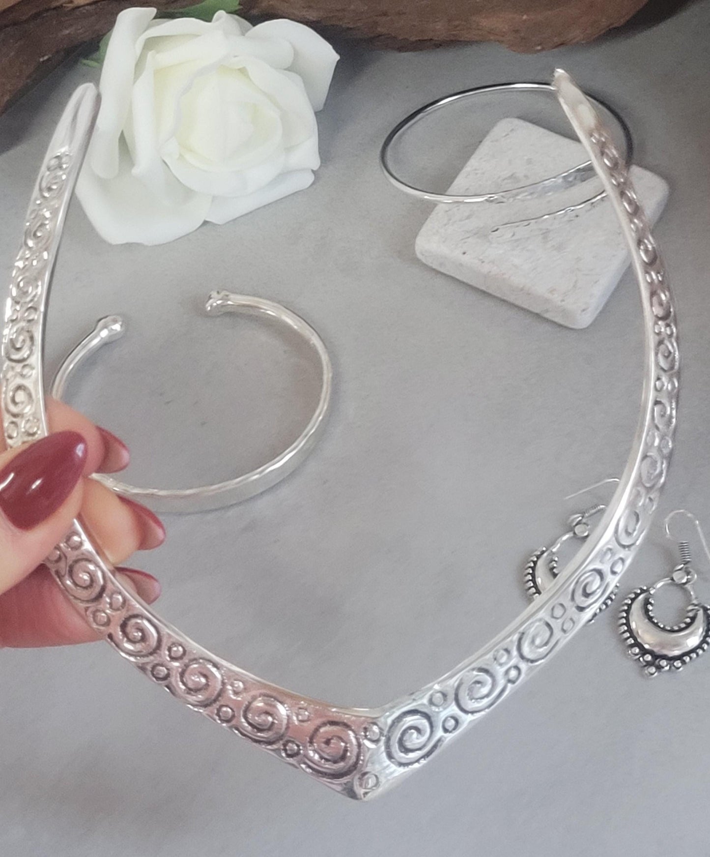 Bohemian Silver Plated Jewelry Set: Choker, Earrings, Bracelets