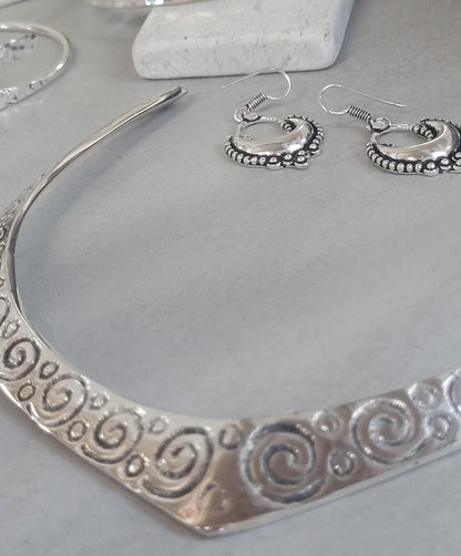 Bohemian Silver Plated Jewelry Set: Choker, Earrings, Bracelets