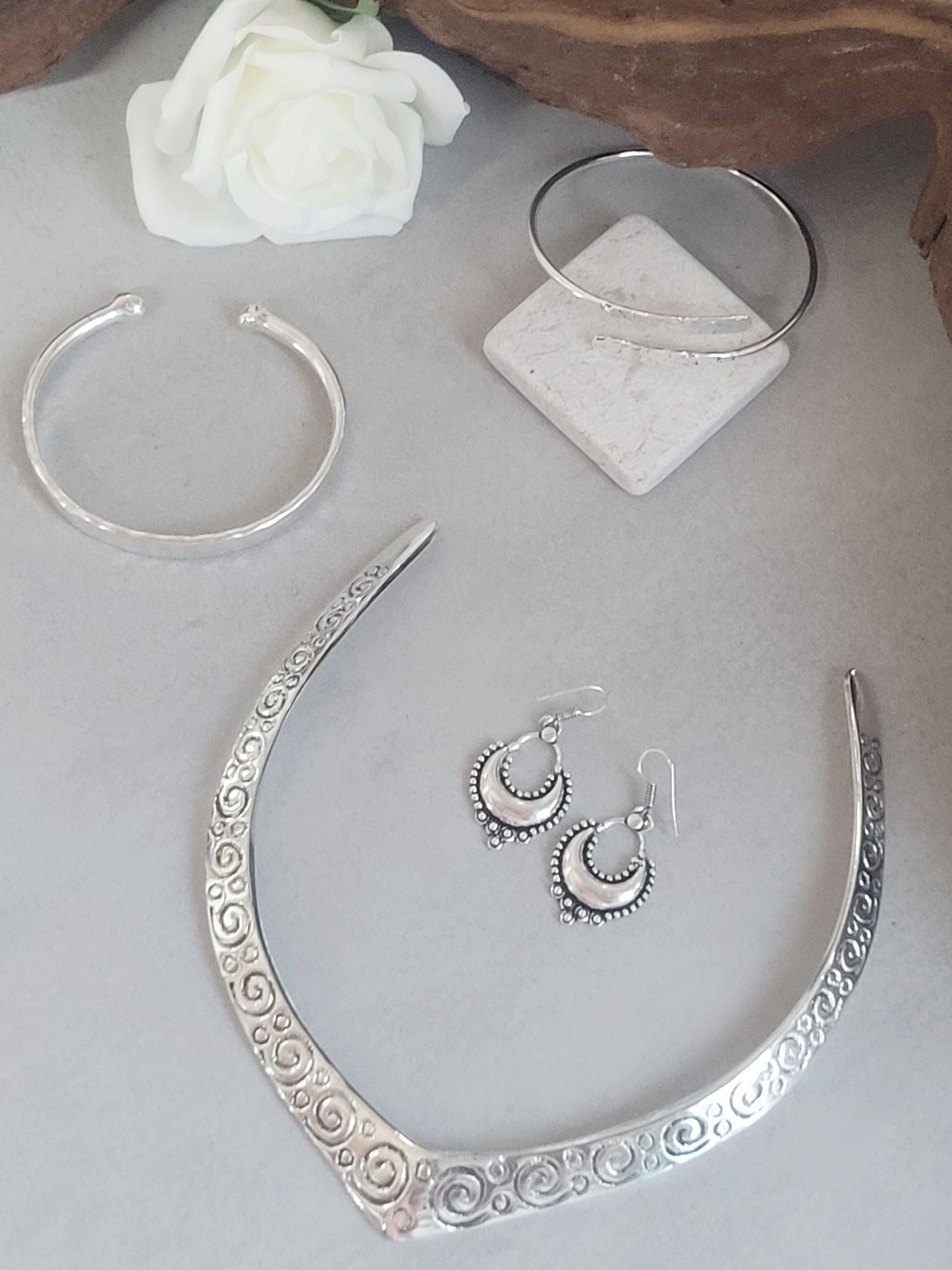 Bohemian Silver Plated Jewelry Set: Choker, Earrings, Bracelets