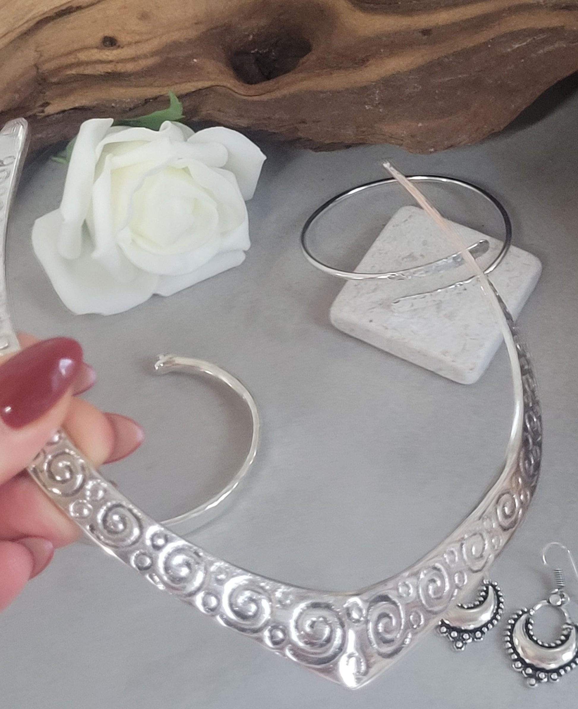 Bohemian Silver Plated Jewelry Set: Choker, Earrings, Bracelets