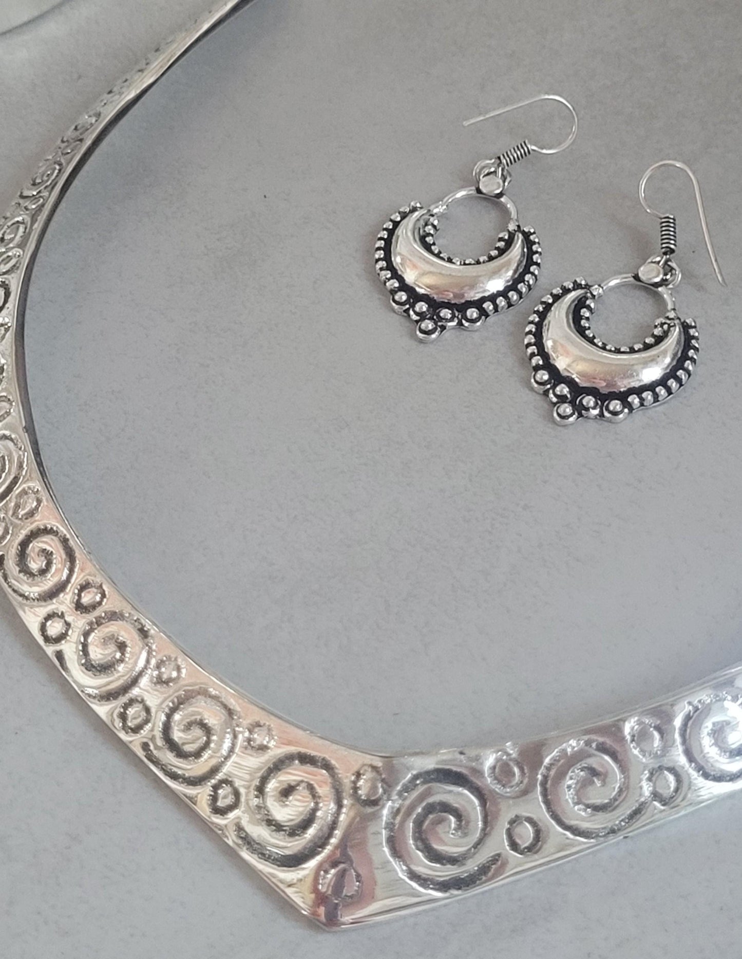 Bohemian Silver Plated Jewelry Set: Choker, Earrings, Bracelets