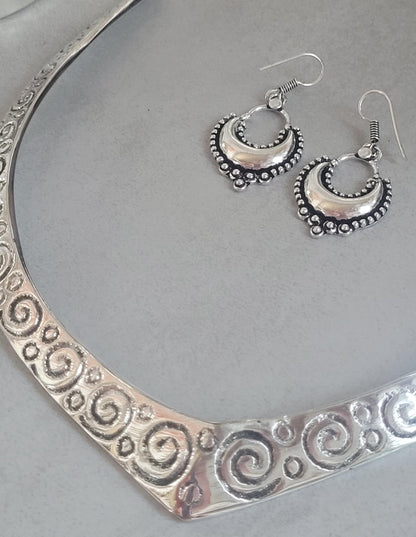 Bohemian Silver Plated Jewelry Set: Choker, Earrings, Bracelets