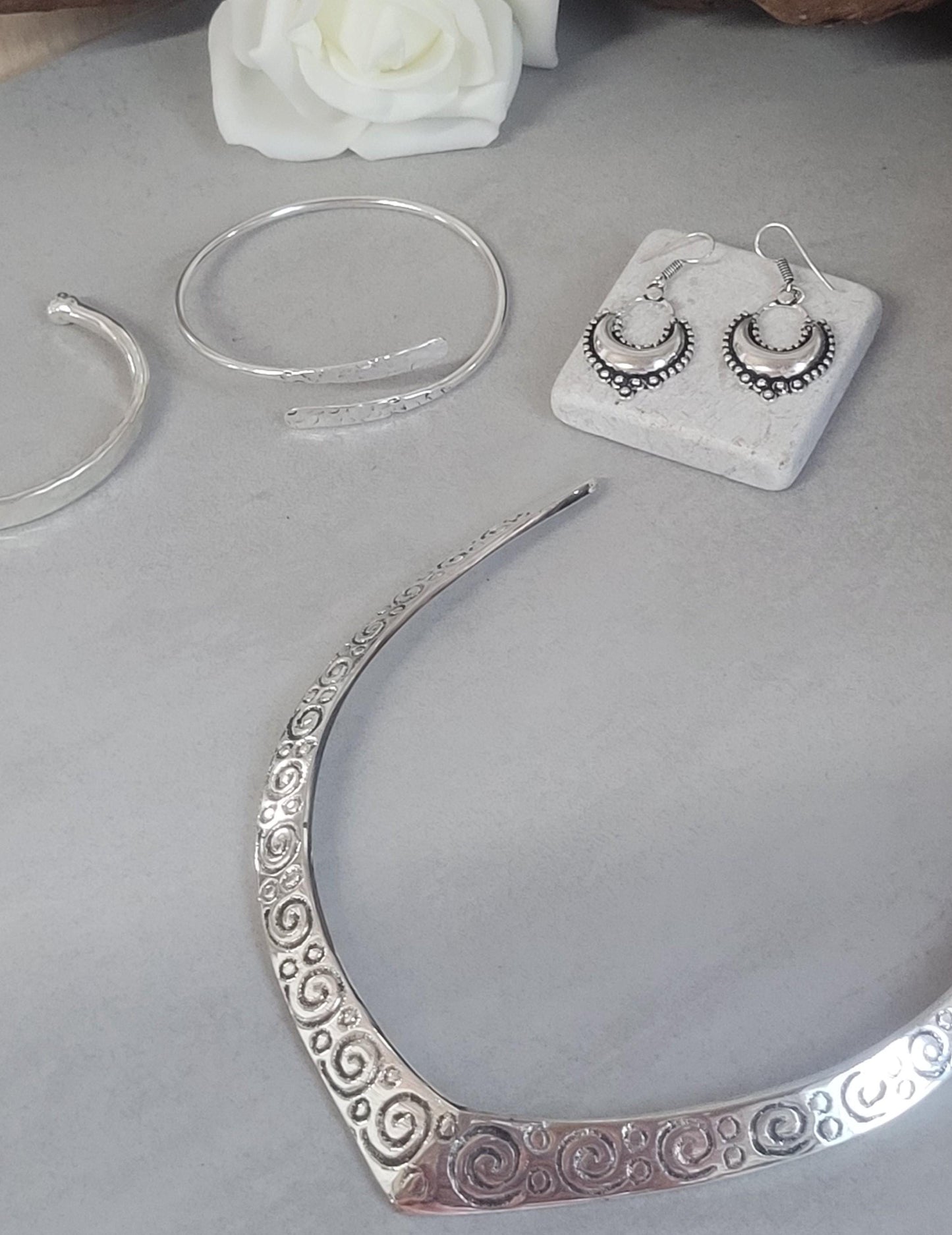 Bohemian Silver Plated Jewelry Set: Choker, Earrings, Bracelets