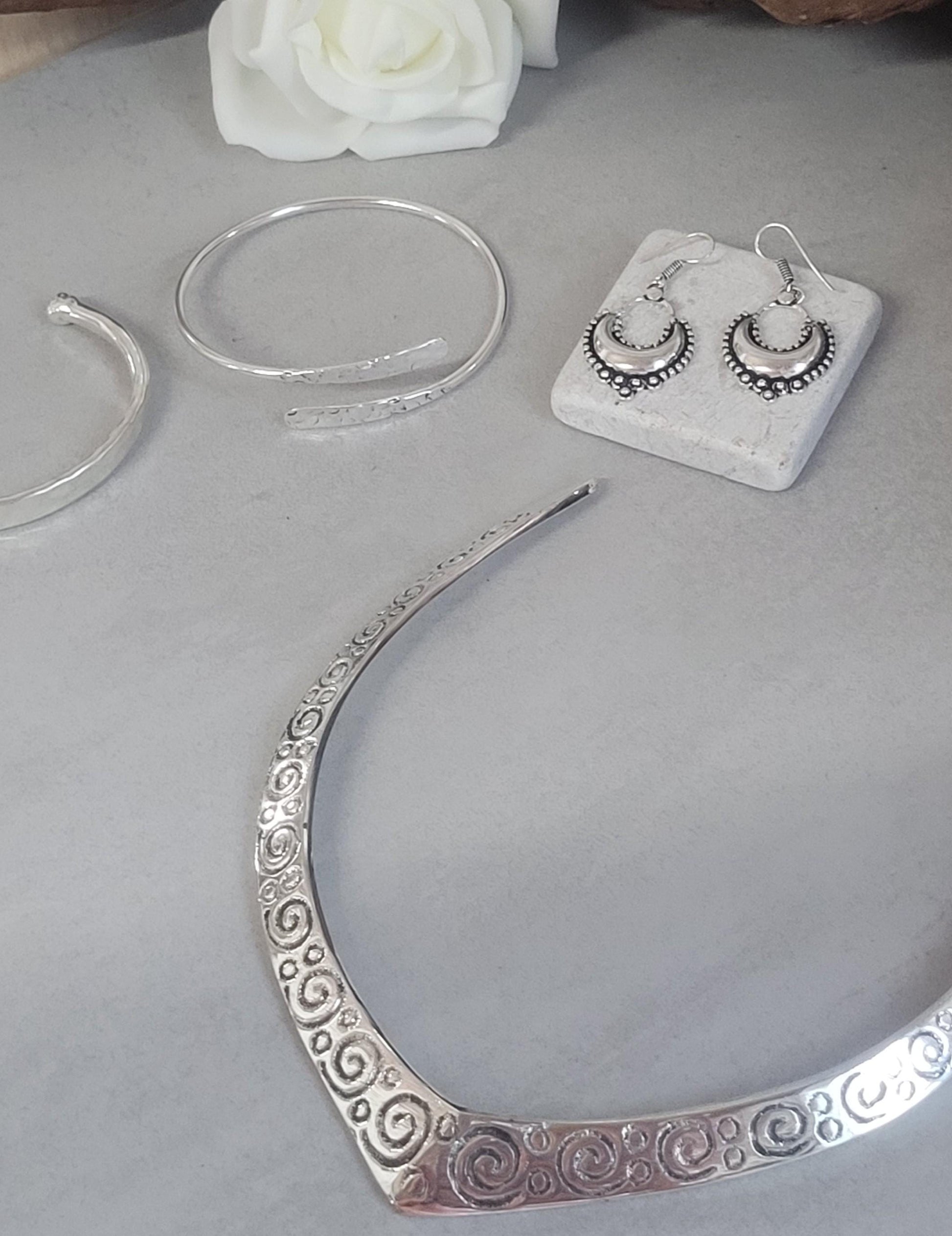 Bohemian Silver Plated Jewelry Set: Choker, Earrings, Bracelets