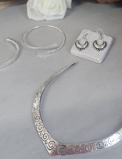 Bohemian Silver Plated Jewelry Set: Choker, Earrings, Bracelets