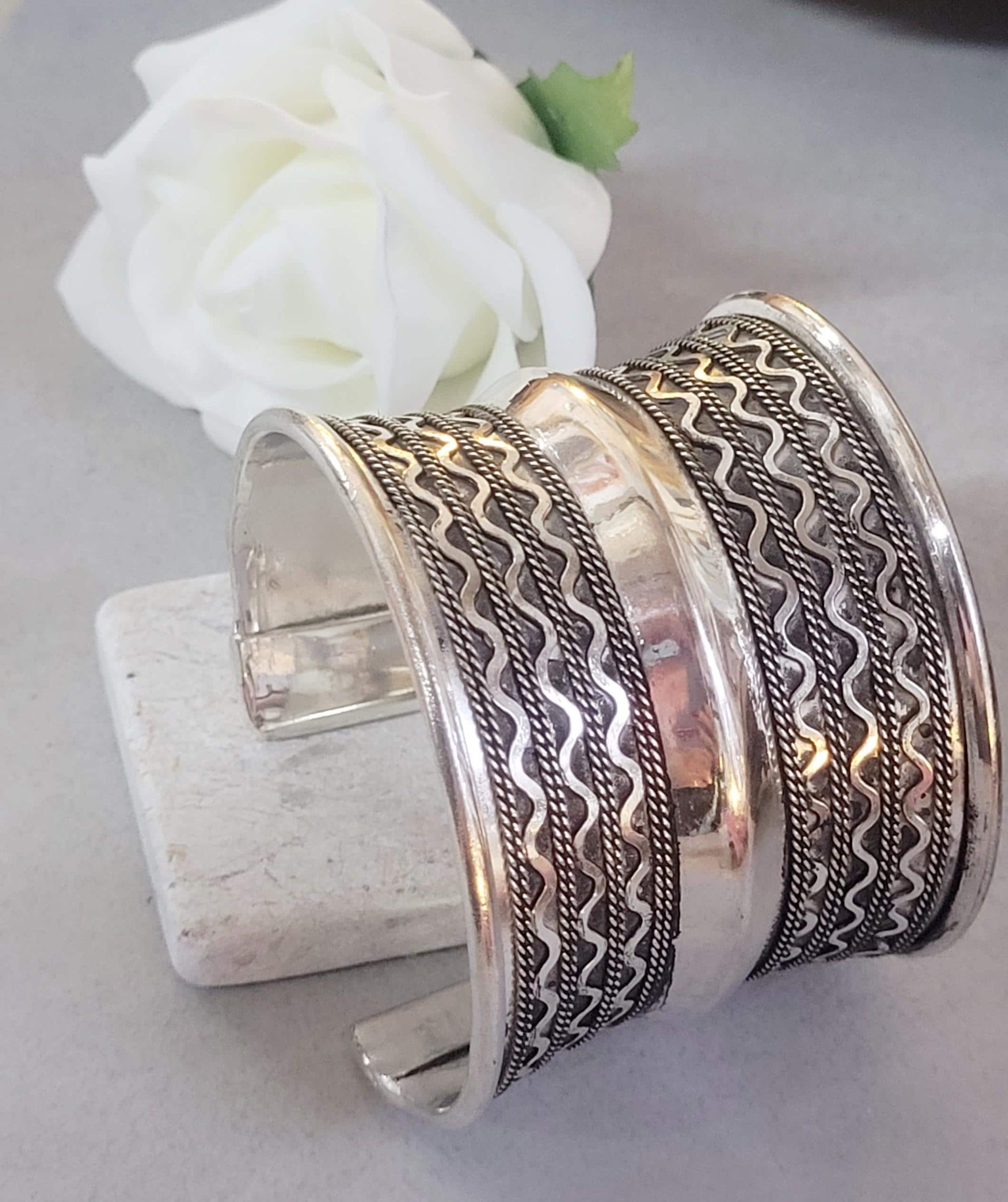 Silver Cuff Bracelet: Detailed boho ethnic style jewelry / Hypoallergenic jewelry/ Christmas gift