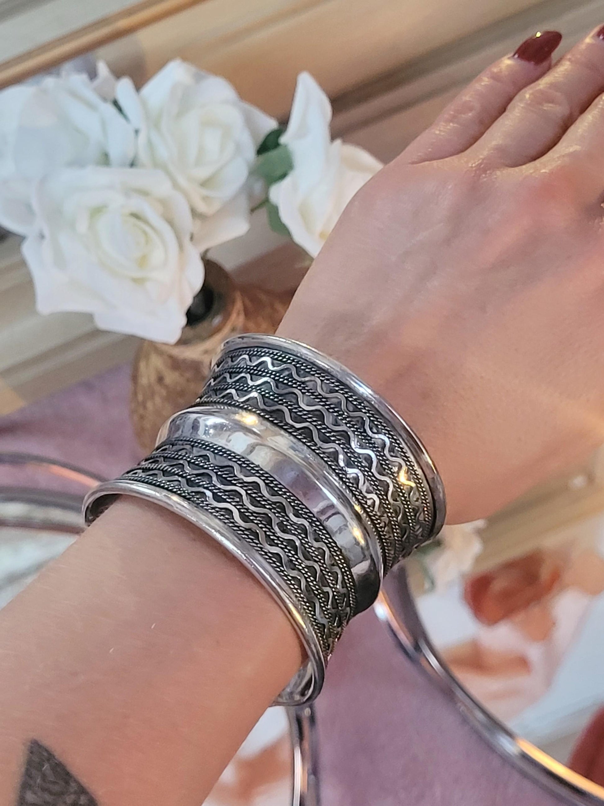 Silver Cuff Bracelet: Detailed boho ethnic style jewelry / Hypoallergenic jewelry/ Christmas gift