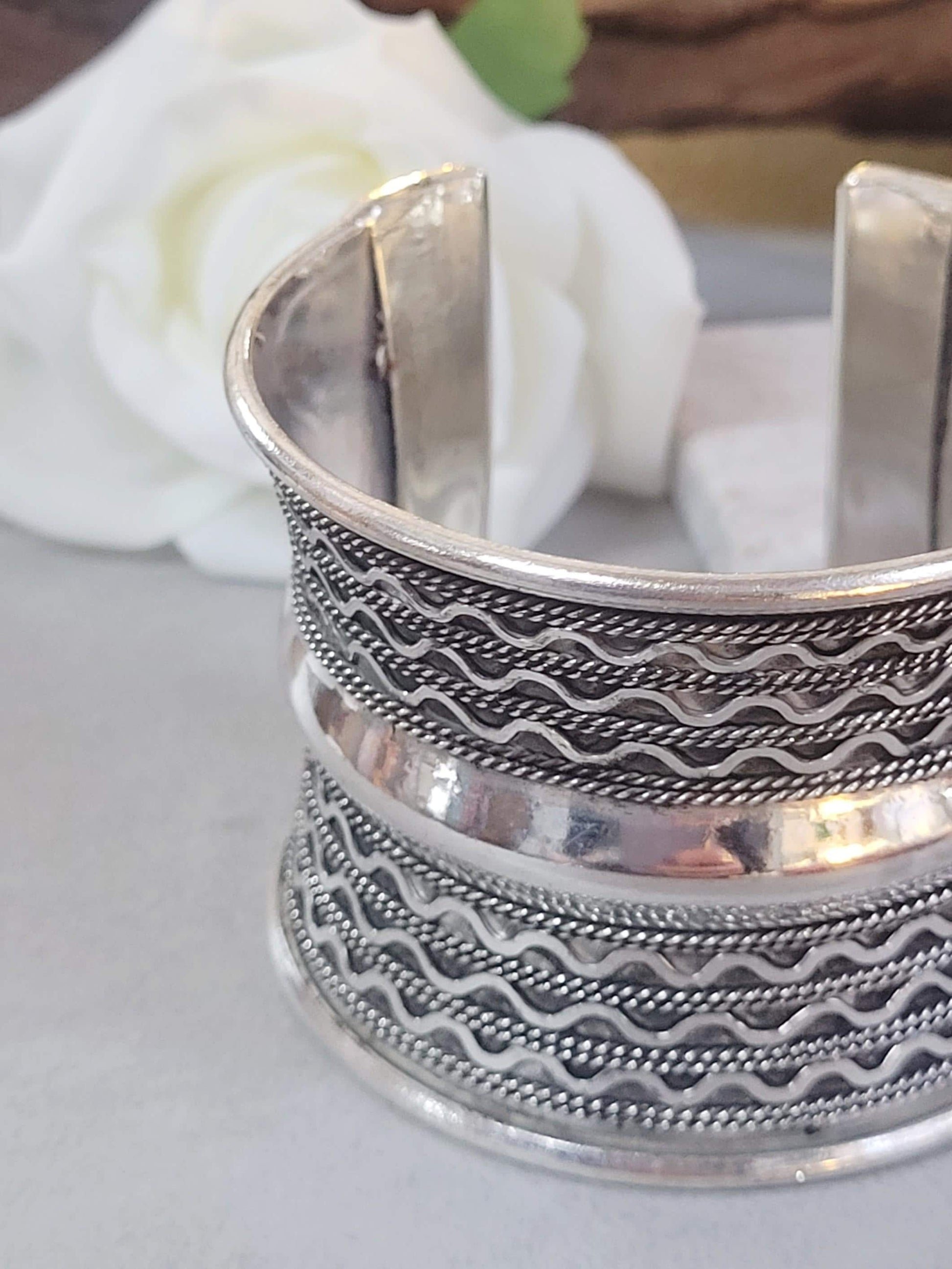 Silver Cuff Bracelet: Detailed boho ethnic style jewelry / Hypoallergenic jewelry/ Christmas gift