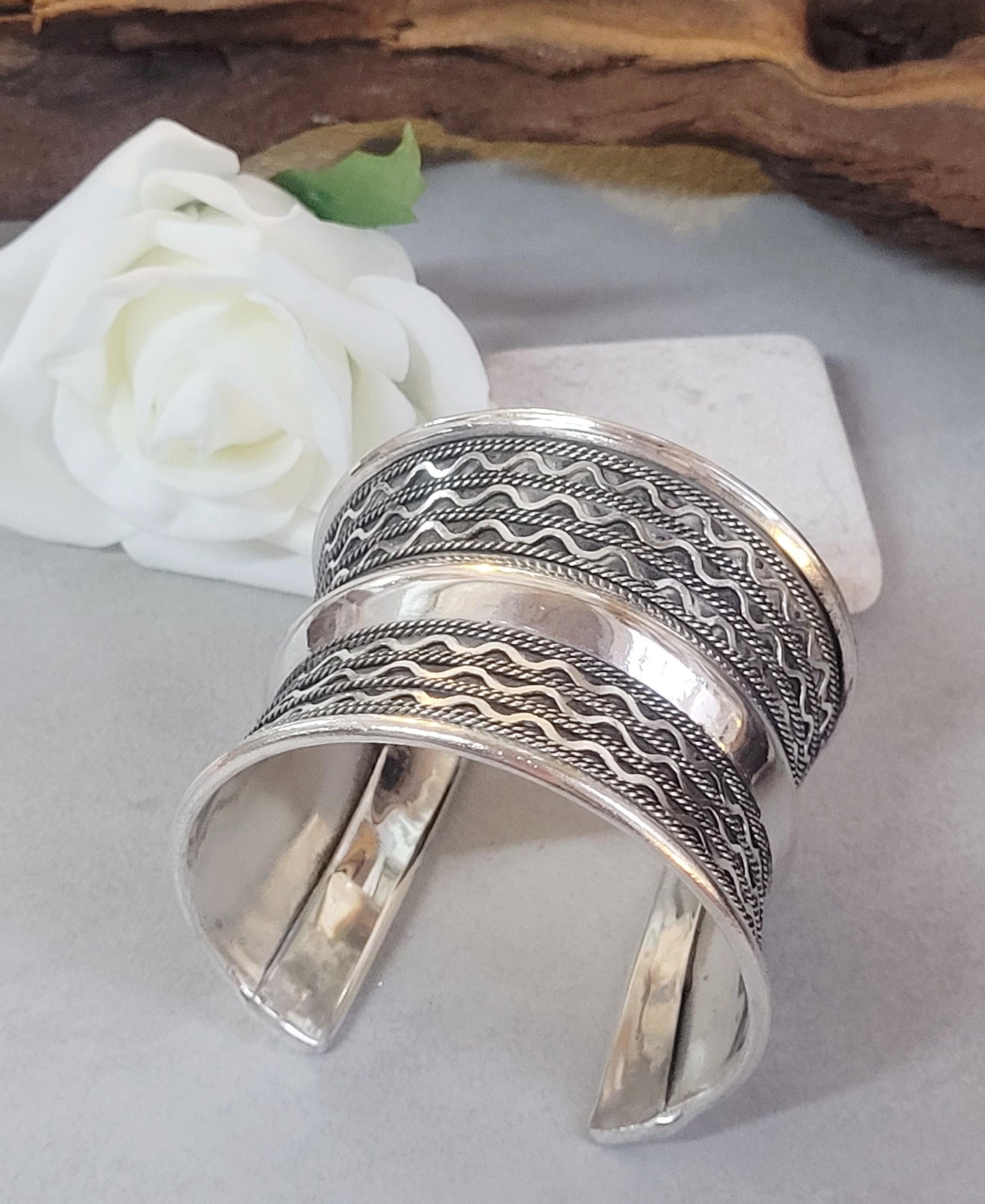 Silver Cuff Bracelet: Detailed boho ethnic style jewelry / Hypoallergenic jewelry/ Christmas gift