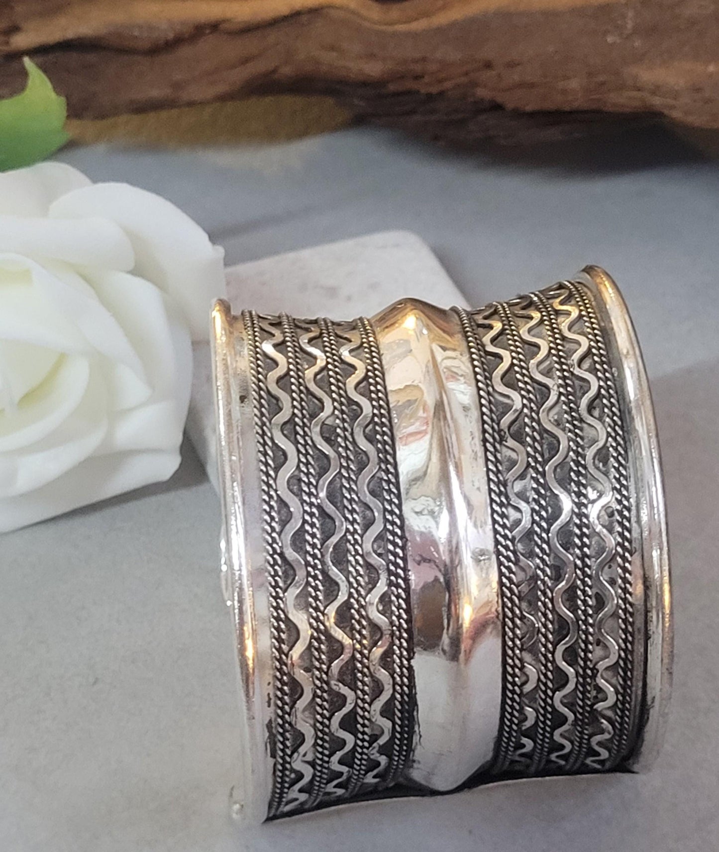 Silver Cuff Bracelet: Detailed boho ethnic style jewelry / Hypoallergenic jewelry/ Christmas gift