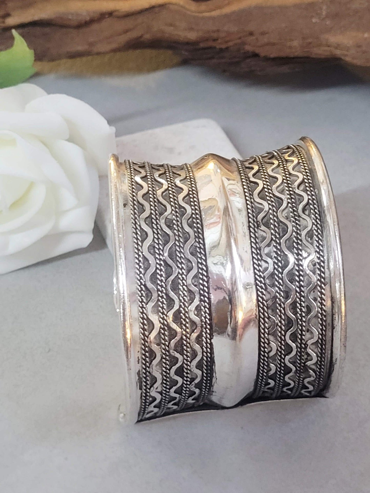 Silver Cuff Bracelet: Detailed boho ethnic style jewelry / Hypoallergenic jewelry/ Christmas gift