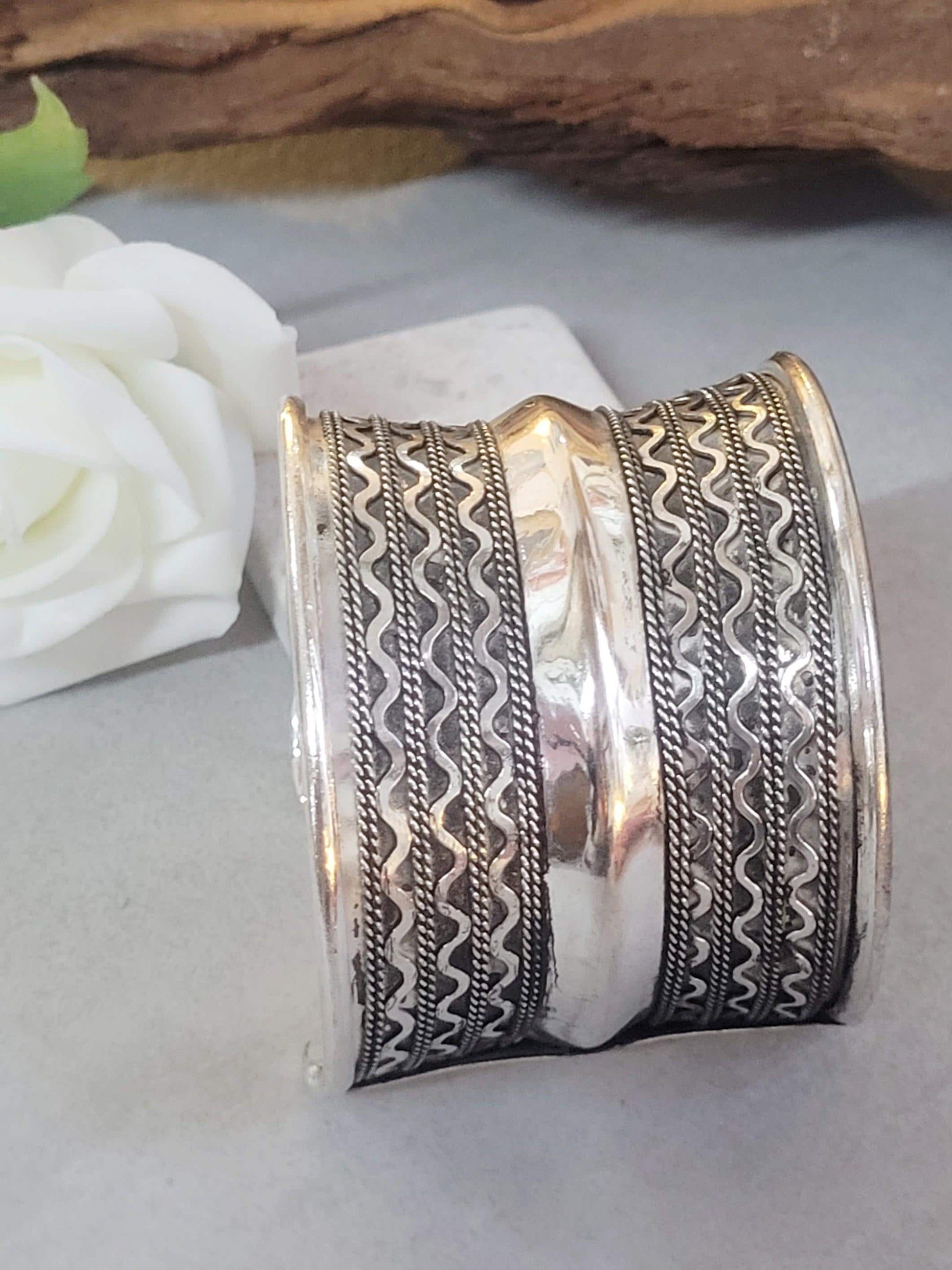 Silver Cuff Bracelet: Detailed boho ethnic style jewelry / Hypoallergenic jewelry/ Christmas gift