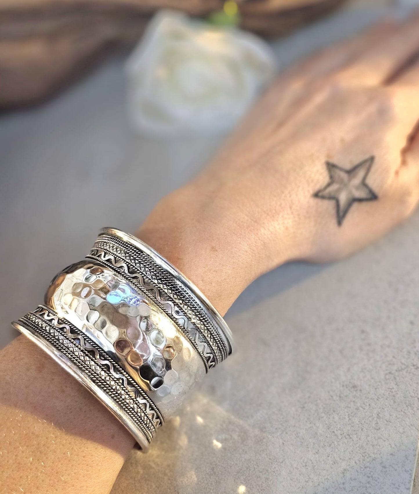 Silver Cuff Bracelet: Detailed boho ethnic style jewelry / Hypoallergenic jewelry