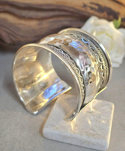 Silver Cuff Bracelet: Detailed boho ethnic style jewelry / Hypoallergenic jewelry