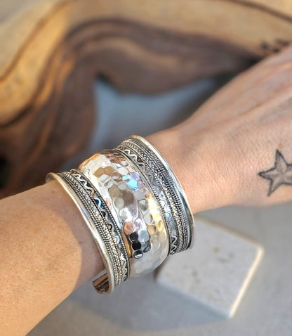 Silver Cuff Bracelet: Detailed boho ethnic style jewelry / Hypoallergenic jewelry