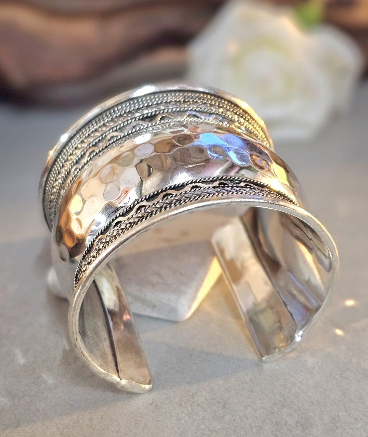 Silver Cuff Bracelet: Detailed boho ethnic style jewelry / Hypoallergenic jewelry