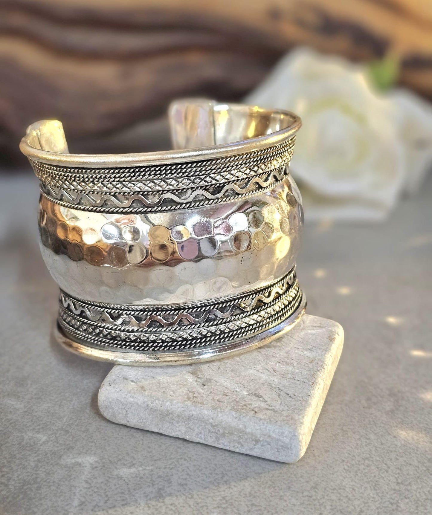 Silver Cuff Bracelet: Detailed boho ethnic style jewelry / Hypoallergenic jewelry