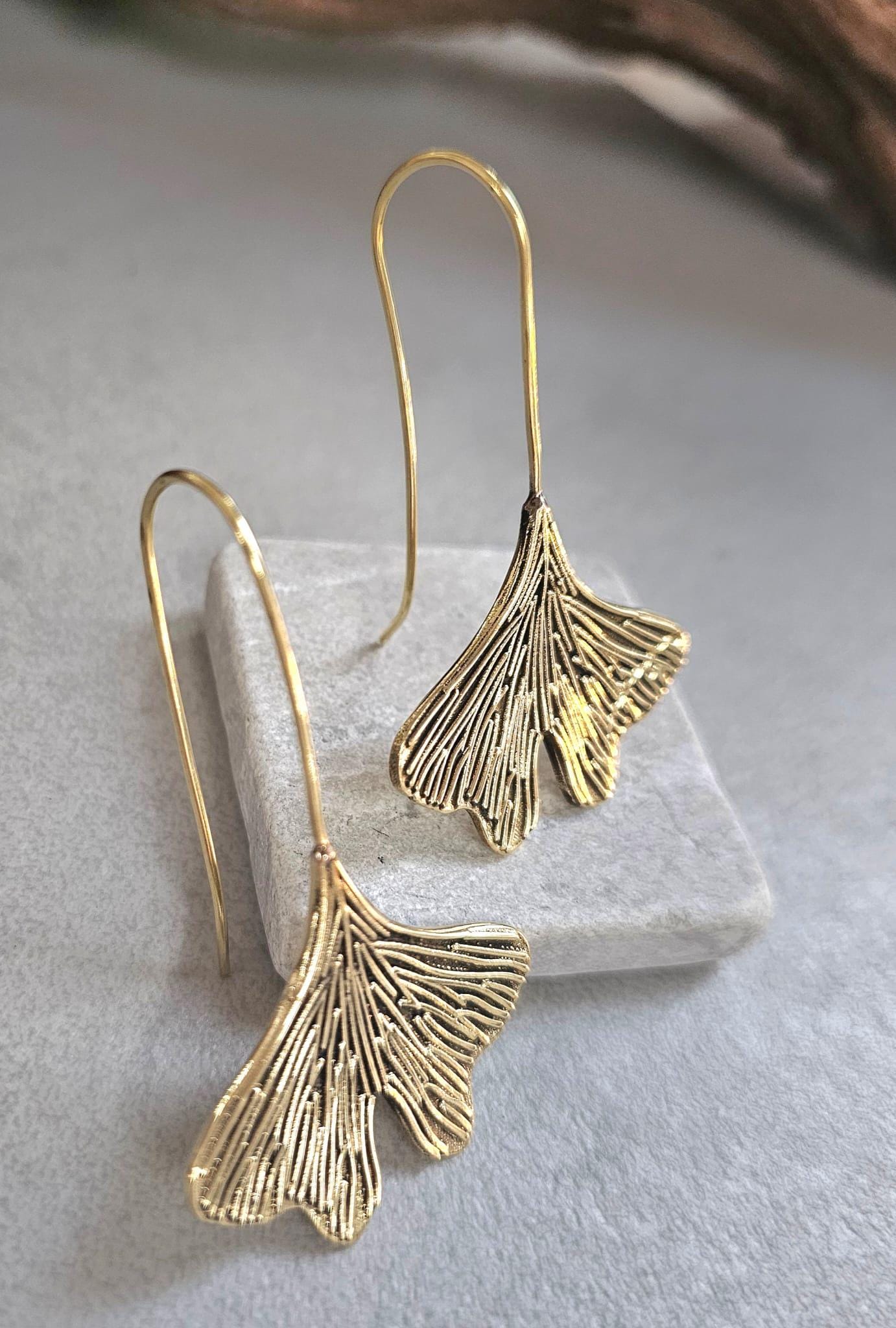 Handmade Raw Brass Leaf Dangle Earrings – Lightweight, nature-inspired earrings with an organic raw brass finish.