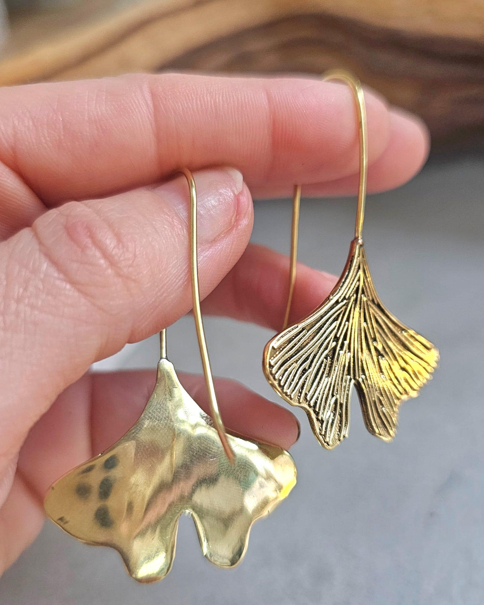 Handmade Raw Brass Leaf Dangle Earrings – Lightweight, nature-inspired earrings with an organic raw brass finish.