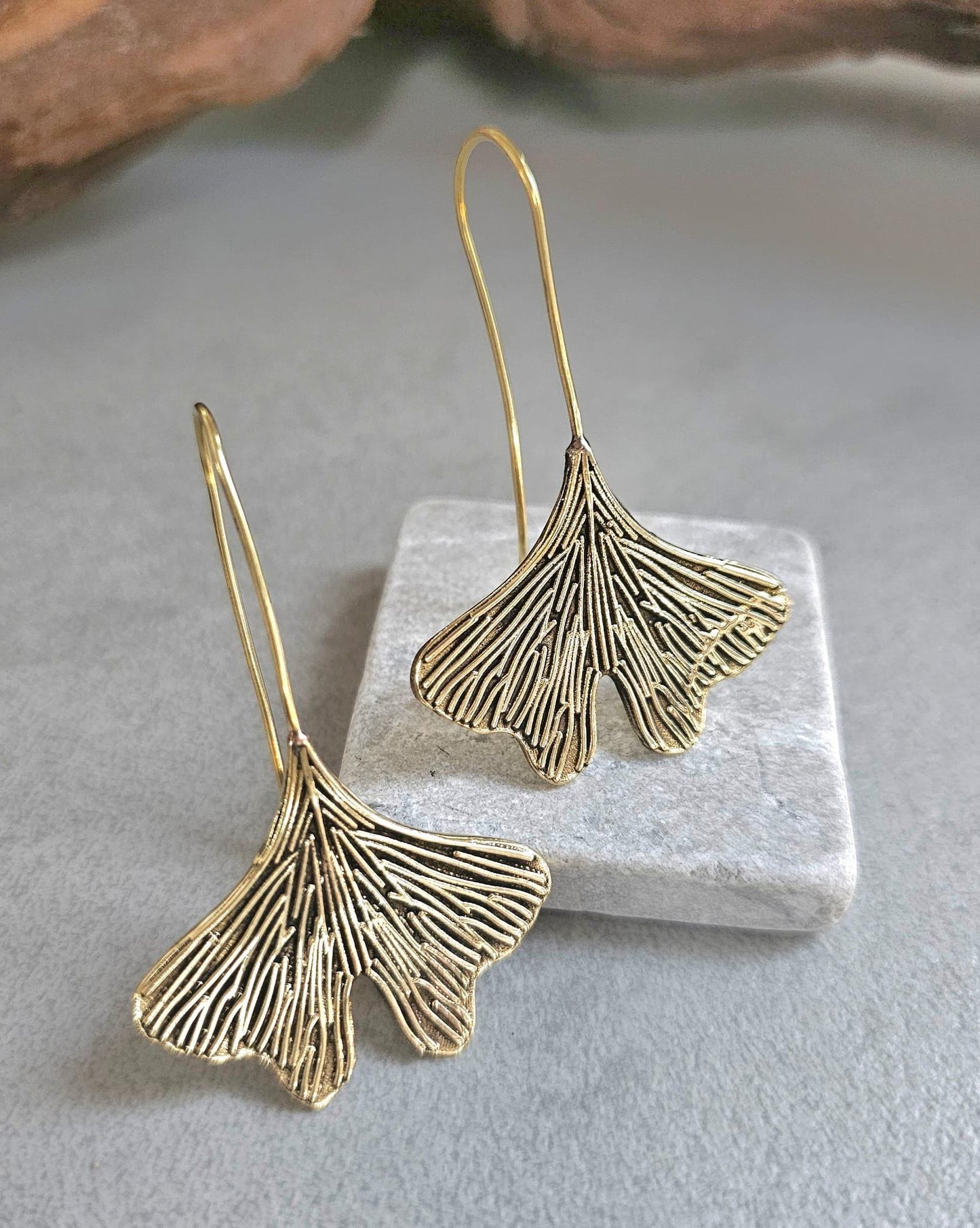 Handmade Raw Brass Leaf Dangle Earrings – Lightweight, nature-inspired earrings with an organic raw brass finish.