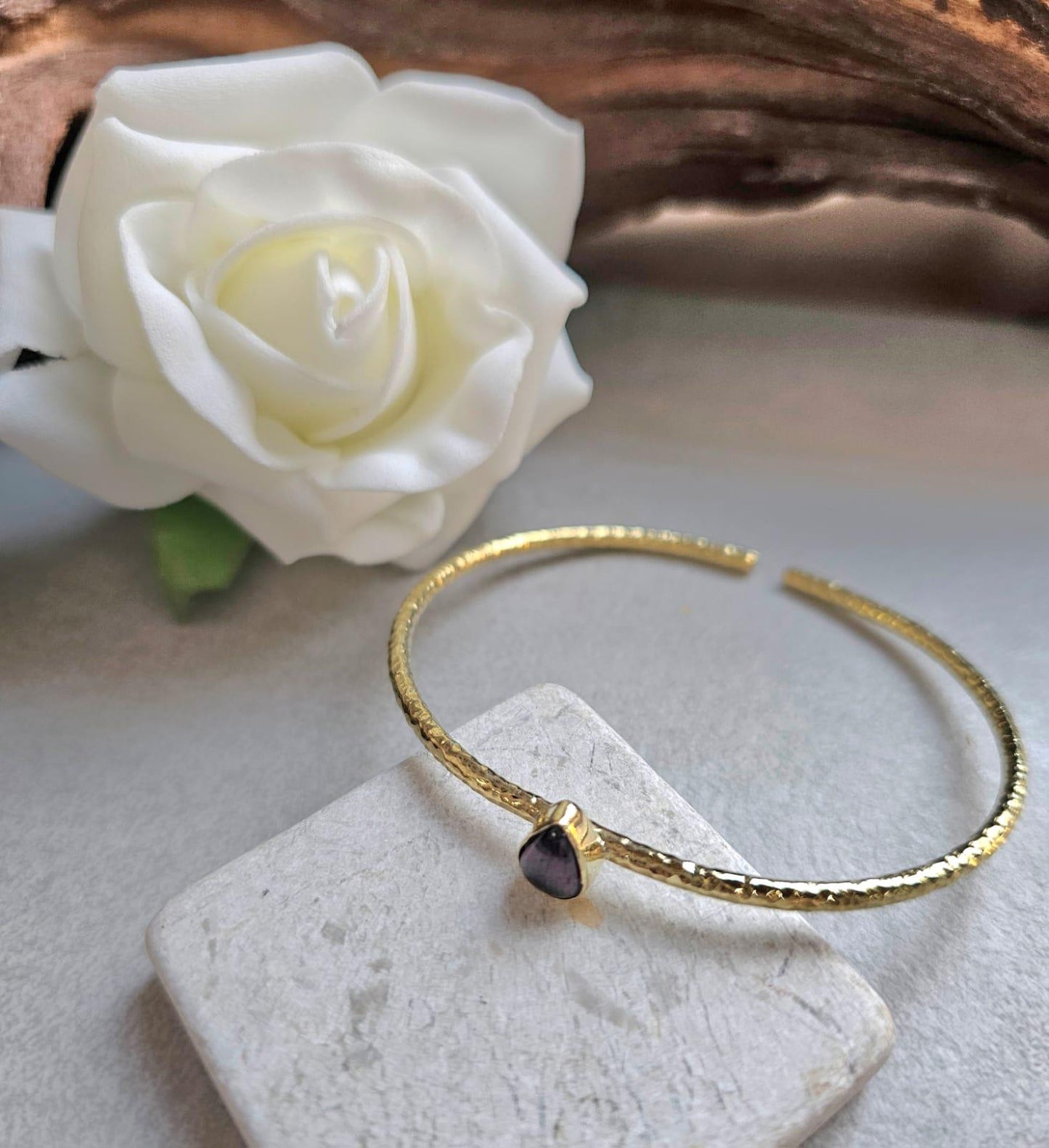 Brass Bangle with Labradorite: Adjustable Gold Bracelet