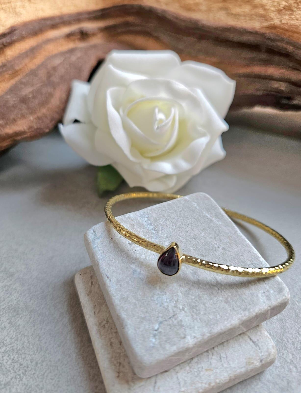 Brass Bangle with Labradorite: Adjustable Gold Bracelet