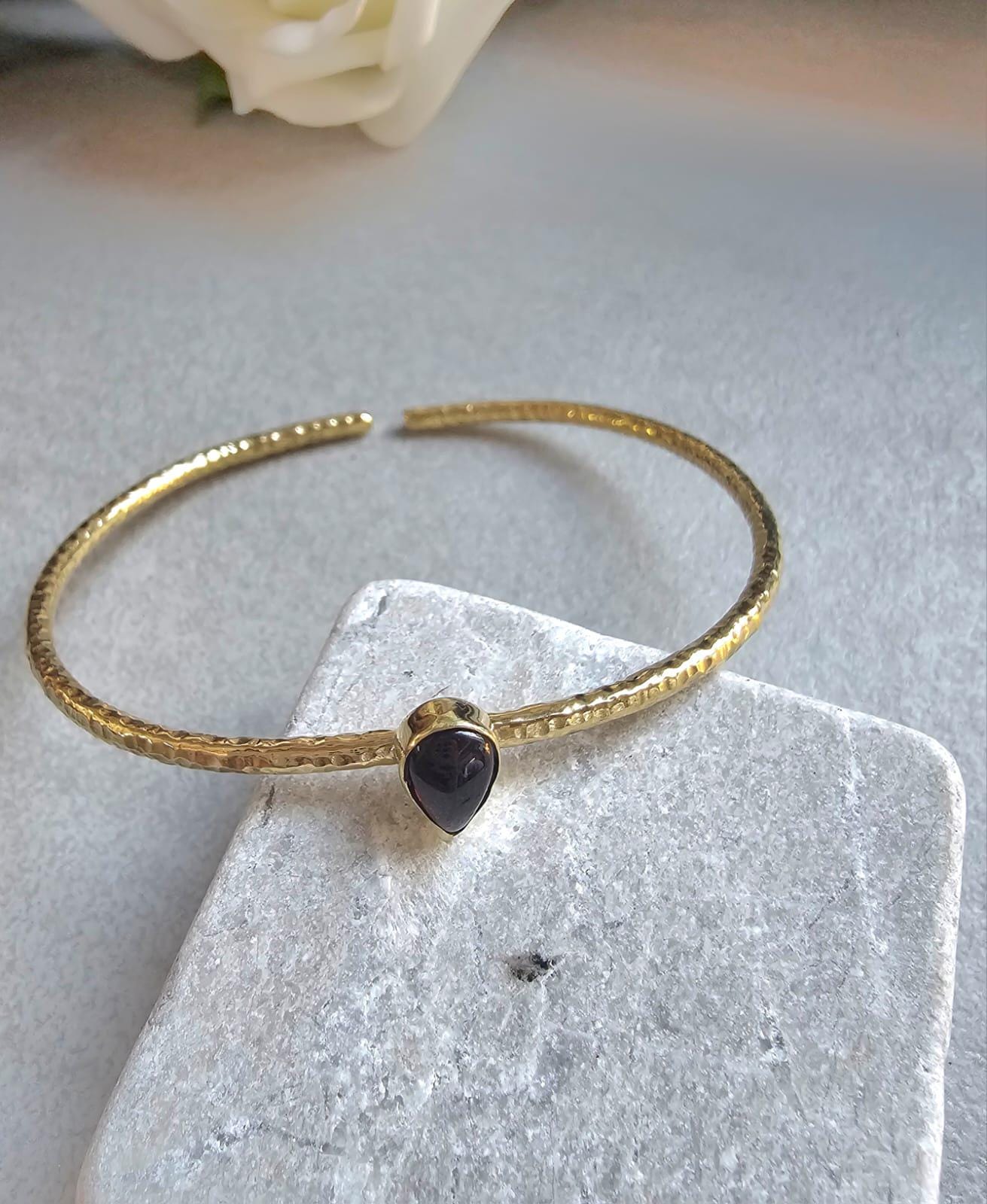 Brass Bangle with Labradorite: Adjustable Gold Bracelet