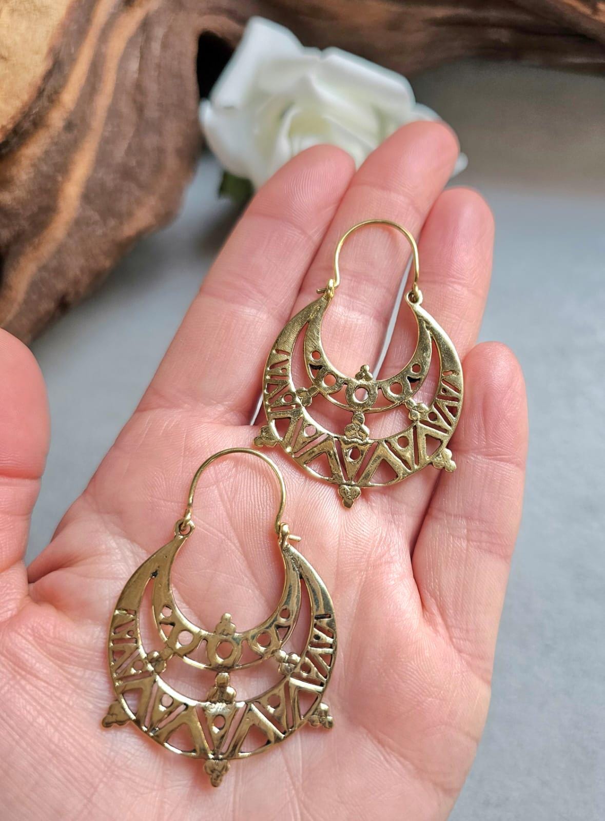 Raw Brass Moon Crescent Earrings – Tribal Goddess Jewellery – Bohemian Statement Earrings