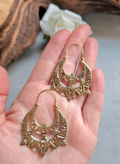 Raw Brass Moon Crescent Earrings – Tribal Goddess Jewellery – Bohemian Statement Earrings