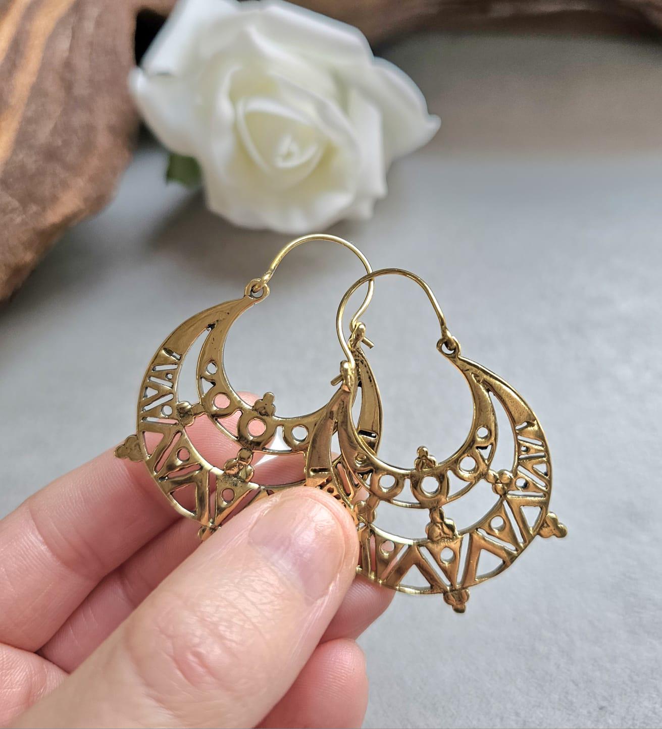 Raw Brass Moon Crescent Earrings – Tribal Goddess Jewellery – Bohemian Statement Earrings