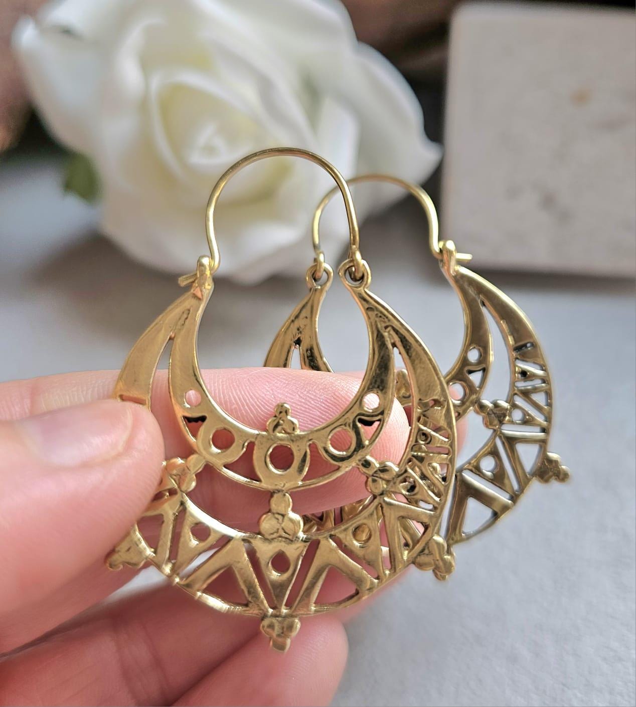 Raw Brass Moon Crescent Earrings – Tribal Goddess Jewellery – Bohemian Statement Earrings