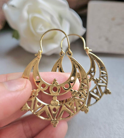Raw Brass Moon Crescent Earrings – Tribal Goddess Jewellery – Bohemian Statement Earrings