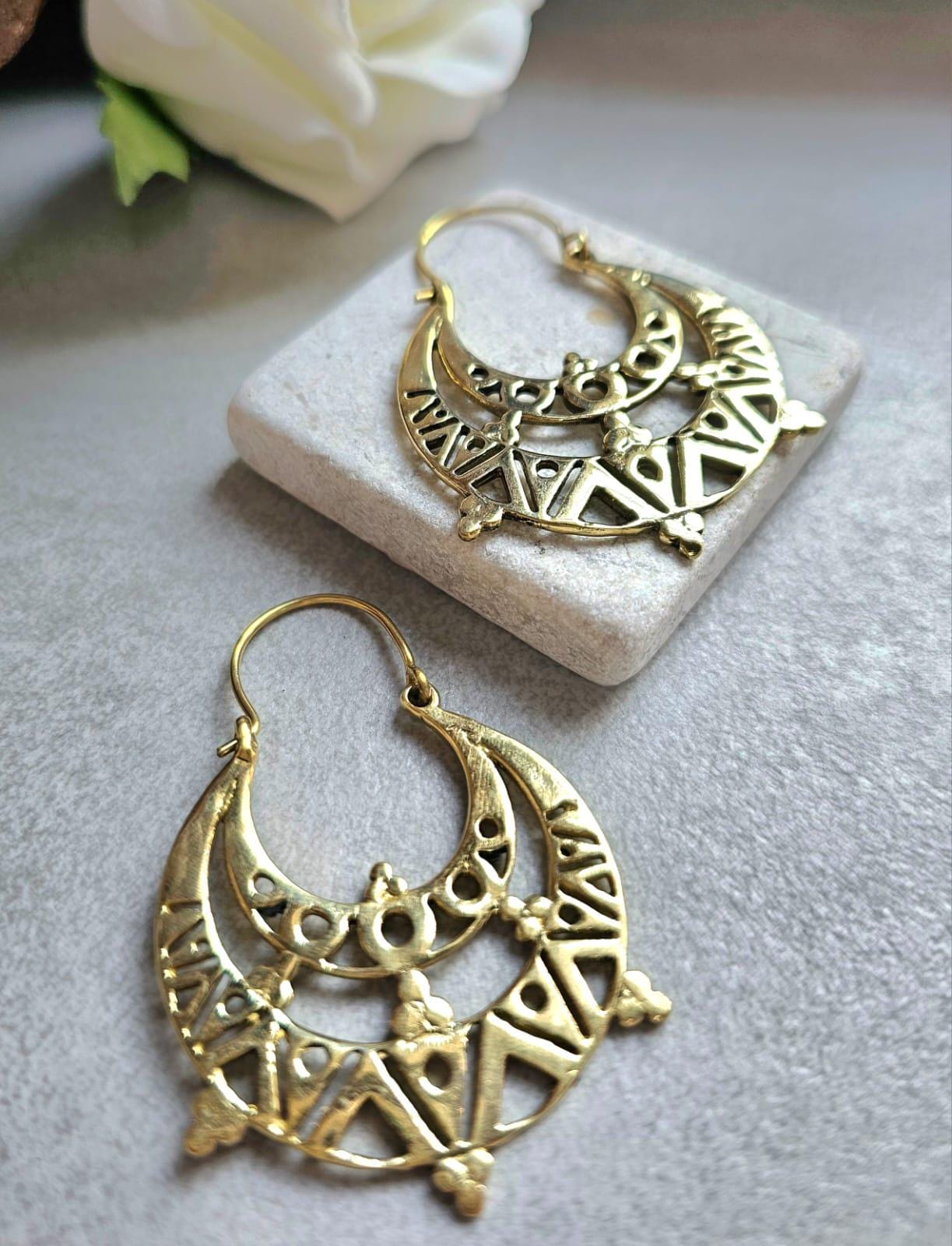 Raw Brass Moon Crescent Earrings – Tribal Goddess Jewellery – Bohemian Statement Earrings
