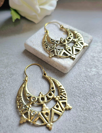 Raw Brass Moon Crescent Earrings – Tribal Goddess Jewellery – Bohemian Statement Earrings