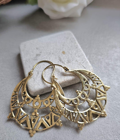 Raw Brass Moon Crescent Earrings – Tribal Goddess Jewellery – Bohemian Statement Earrings