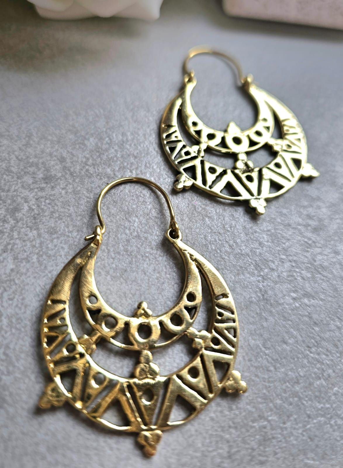 Raw Brass Moon Crescent Earrings – Tribal Goddess Jewellery – Bohemian Statement Earrings