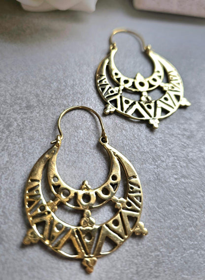 Raw Brass Moon Crescent Earrings – Tribal Goddess Jewellery – Bohemian Statement Earrings