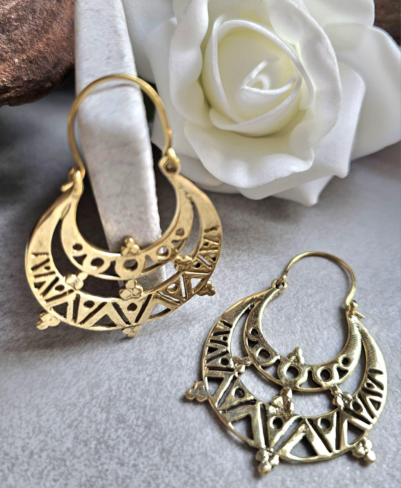 Raw Brass Moon Crescent Earrings – Tribal Goddess Jewellery – Bohemian Statement Earrings