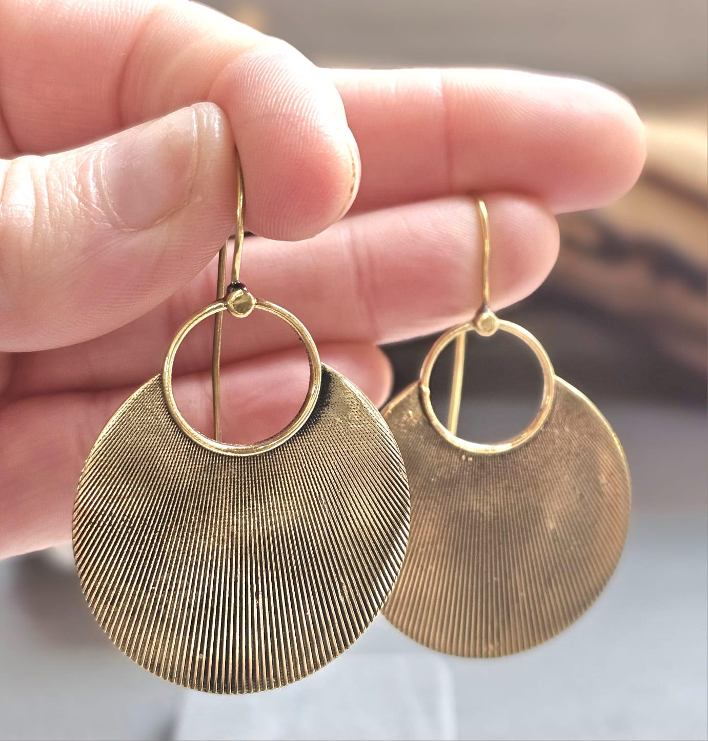 Raw Brass Oval Disc Earrings | Bohemian Textured Statement Earrings | Handmade Minimal Drop Earrings | Earthy Artisan Jewellery
