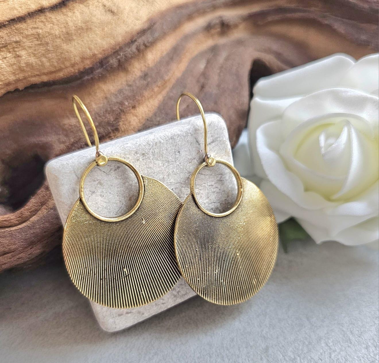 Raw Brass Oval Disc Earrings | Bohemian Textured Statement Earrings | Handmade Minimal Drop Earrings | Earthy Artisan Jewellery