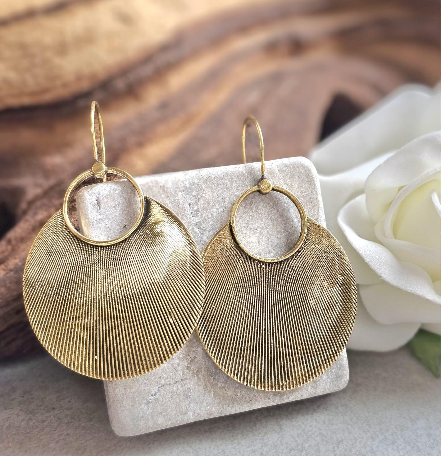 Raw Brass Oval Disc Earrings | Bohemian Textured Statement Earrings | Handmade Minimal Drop Earrings | Earthy Artisan Jewellery