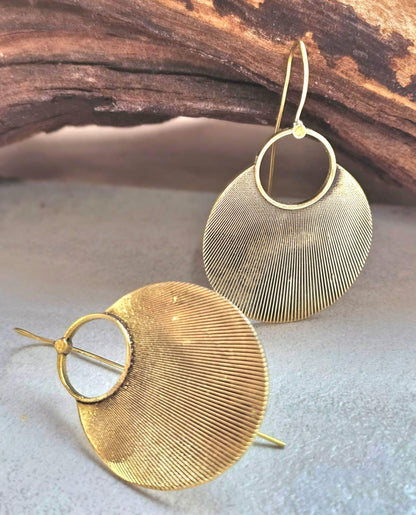 Raw Brass Oval Disc Earrings | Bohemian Textured Statement Earrings | Handmade Minimal Drop Earrings | Earthy Artisan Jewellery