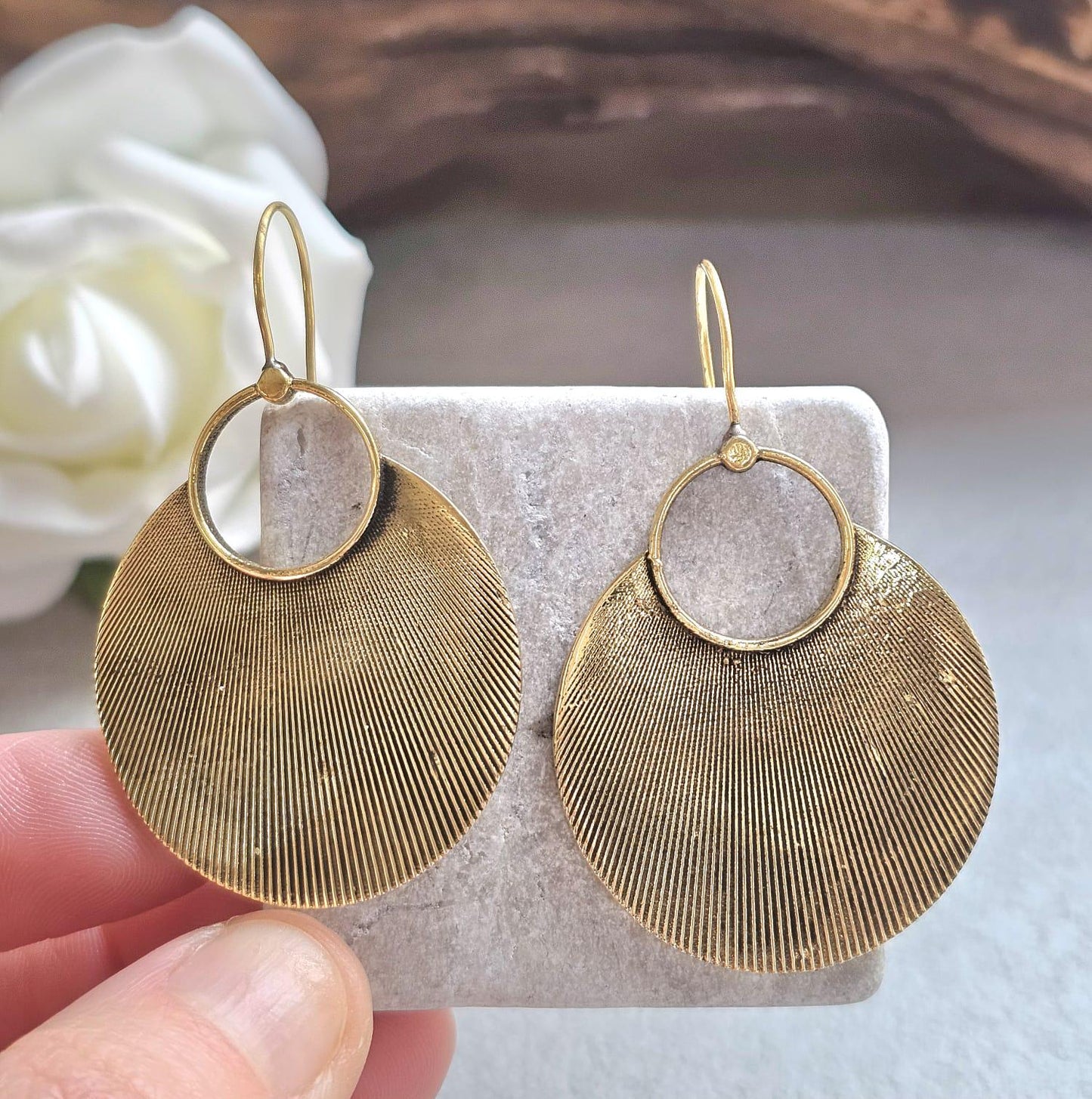 Raw Brass Oval Disc Earrings | Bohemian Textured Statement Earrings | Handmade Minimal Drop Earrings | Earthy Artisan Jewellery