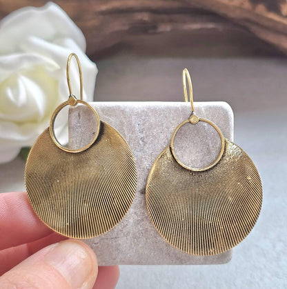 Raw Brass Oval Disc Earrings | Bohemian Textured Statement Earrings | Handmade Minimal Drop Earrings | Earthy Artisan Jewellery