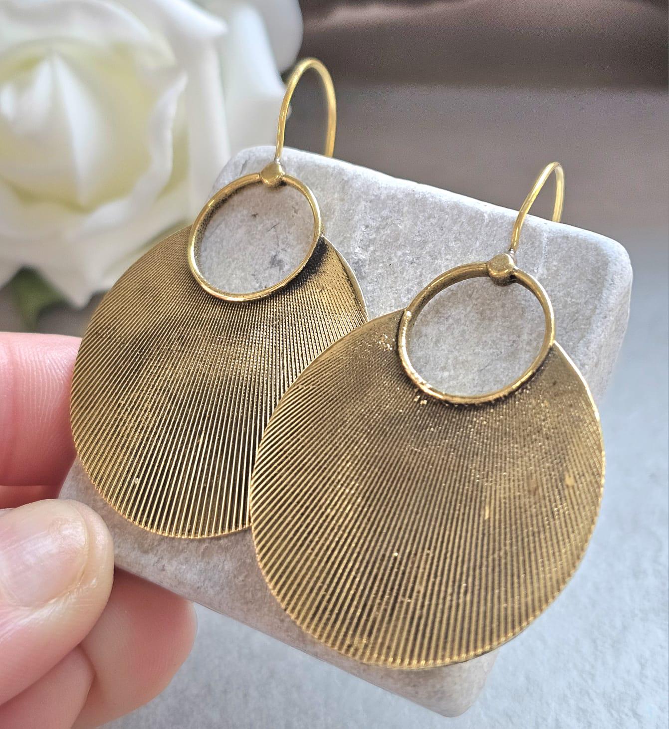 Raw Brass Oval Disc Earrings | Bohemian Textured Statement Earrings | Handmade Minimal Drop Earrings | Earthy Artisan Jewellery