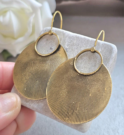 Raw Brass Oval Disc Earrings | Bohemian Textured Statement Earrings | Handmade Minimal Drop Earrings | Earthy Artisan Jewellery
