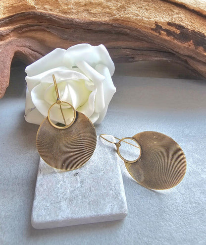 Raw Brass Oval Disc Earrings | Bohemian Textured Statement Earrings | Handmade Minimal Drop Earrings | Earthy Artisan Jewellery