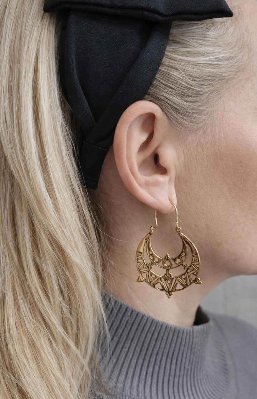 Raw Brass Moon Crescent Earrings – Tribal Goddess Jewellery – Bohemian Statement Earrings