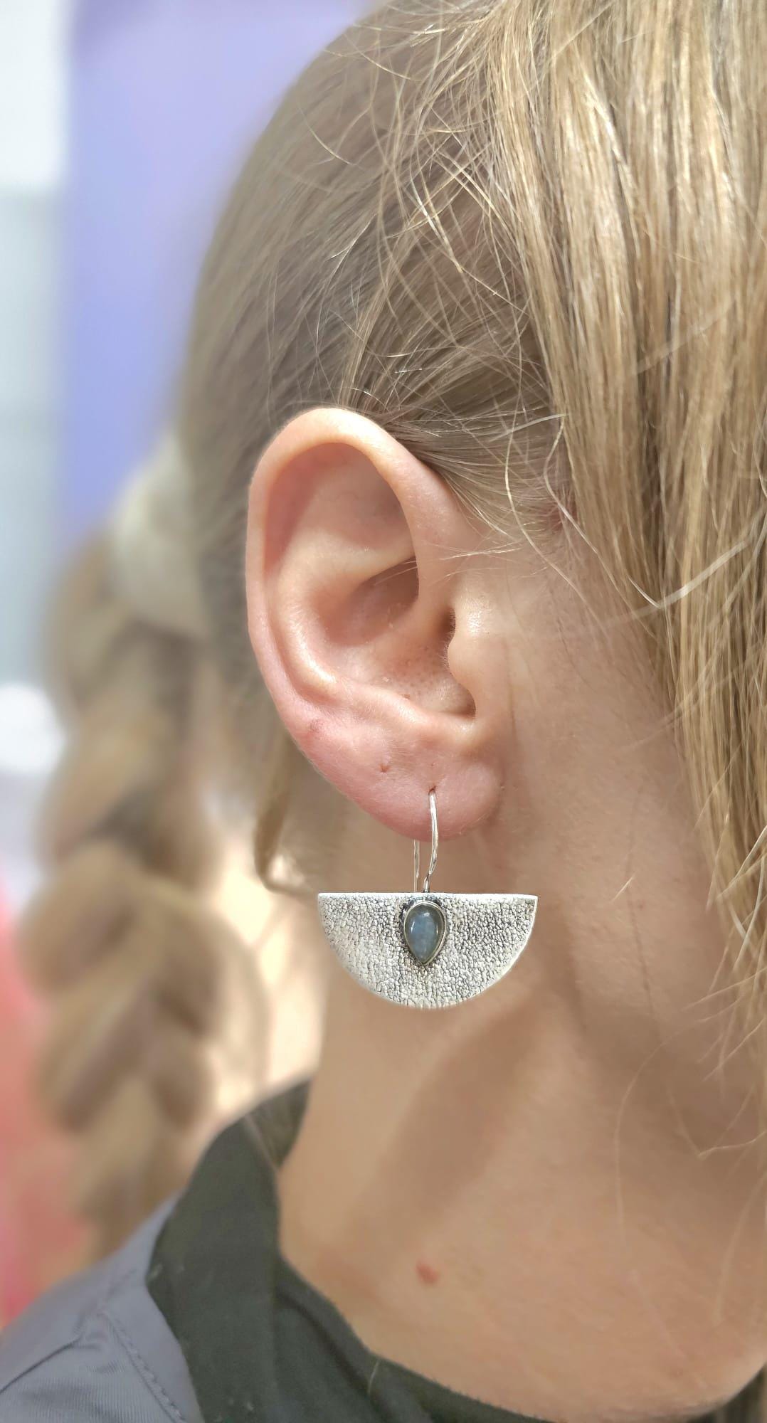 Hammered Silver Earrings: Labradorite Stone, Boho Bohemian Jewelry