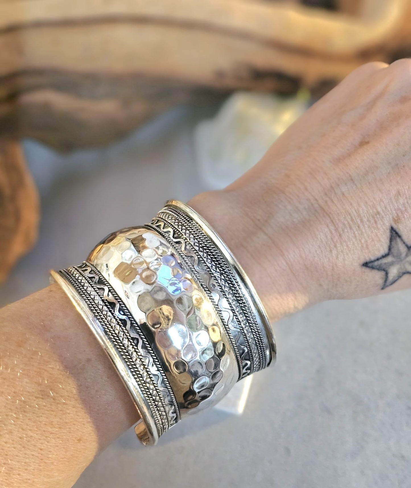 Silver Cuff Bracelet: Detailed boho ethnic style jewelry / Hypoallergenic jewelry